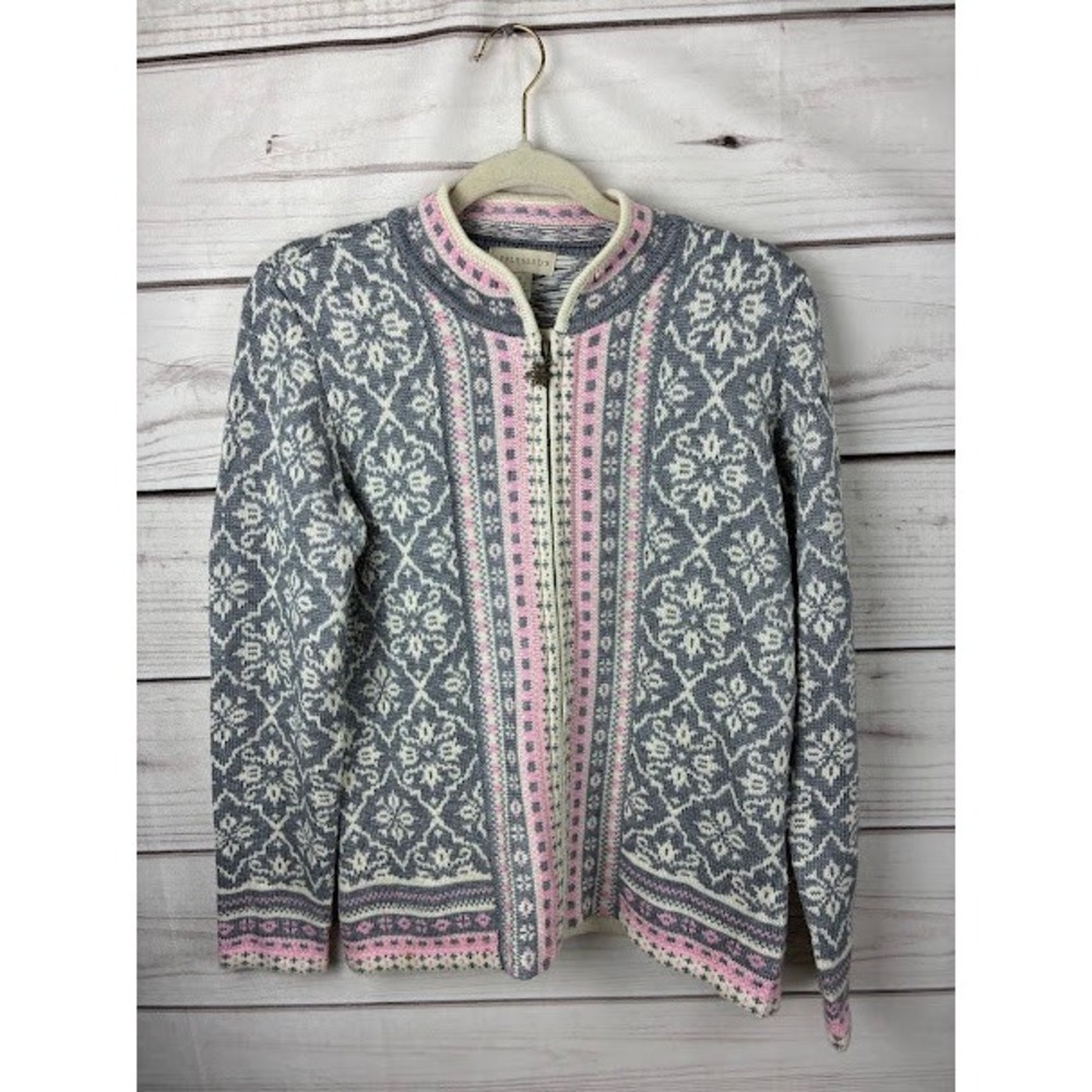 Appleseeds Womens Small Grey Pink Fair Isle Zip Cardigan Sweater Snowflake Pull
